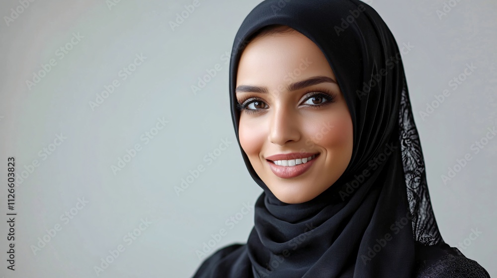 Beautiful Muslim Woman in Black Hijab Portrait Smile Closeup Beautiful Muslim Woman in Black Hijab Portrait Smile Closeup