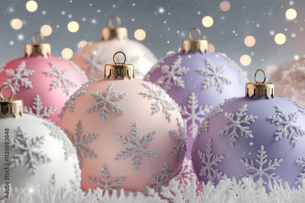 Background, banner of christmas balls in pastel soft colors of pink, purple and beige and decorated with a snowflake pattern on a background of soft light with highlights. Background, banner of christmas balls in pastel soft colors of pink, purple and beige and decorated with a snowflake pattern on a background of soft light with highlights.
