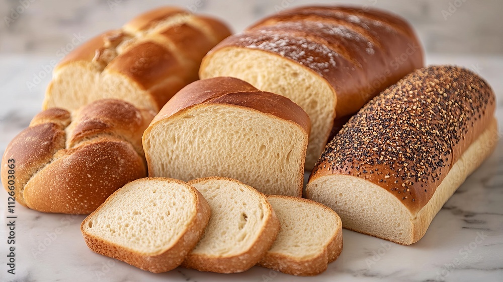 A delightful arrangement of assorted freshly baked breads showcases a variety of textures, inviting the viewer to enjoy the warmth and comfort of baked goods. A delightful arrangement of assorted freshly baked breads showcases a variety of textures, inviting the viewer to enjoy the warmth and comfort of baked goods.