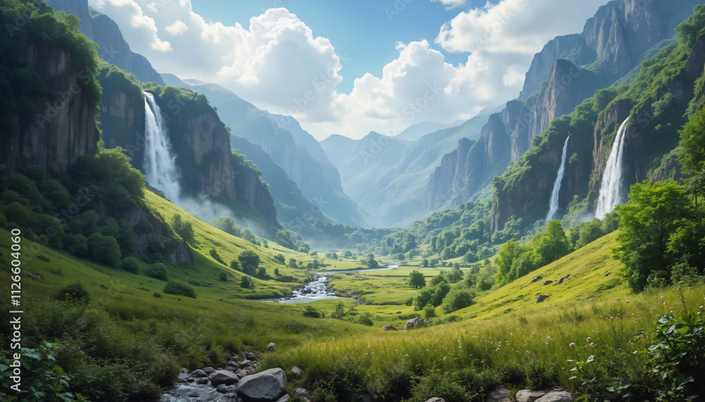 wallpapers A stunning view of a serene valley surrounded by majestic mountains, featuring cascading waterfalls and vibrant greenery, creating a tranquil atmosphere. AI generated wallpapers A stunning view of a serene valley surrounded by majestic mountains, featuring cascading waterfalls and vibrant greenery, creating a tranquil atmosphere. AI generated