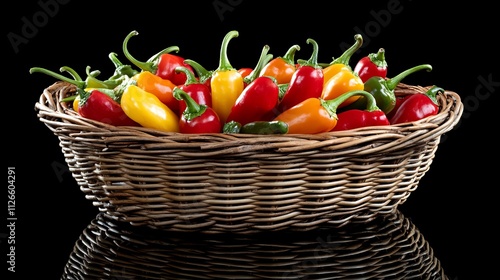 A captivating arrangement of brightly colored peppers in a woven basket, set against a black background, emphasizing the beauty and creativity of culinary compositions in photography. photo