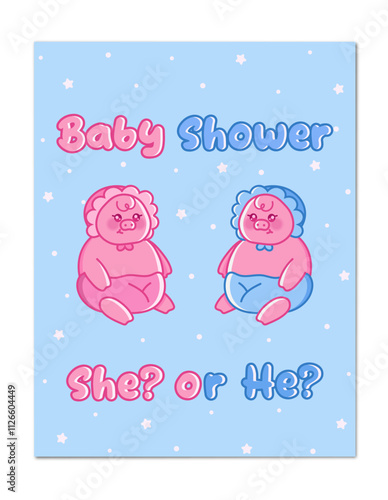 Gender party card template. Baby shower invitation in cartoon style. Cute baby pig in diapers