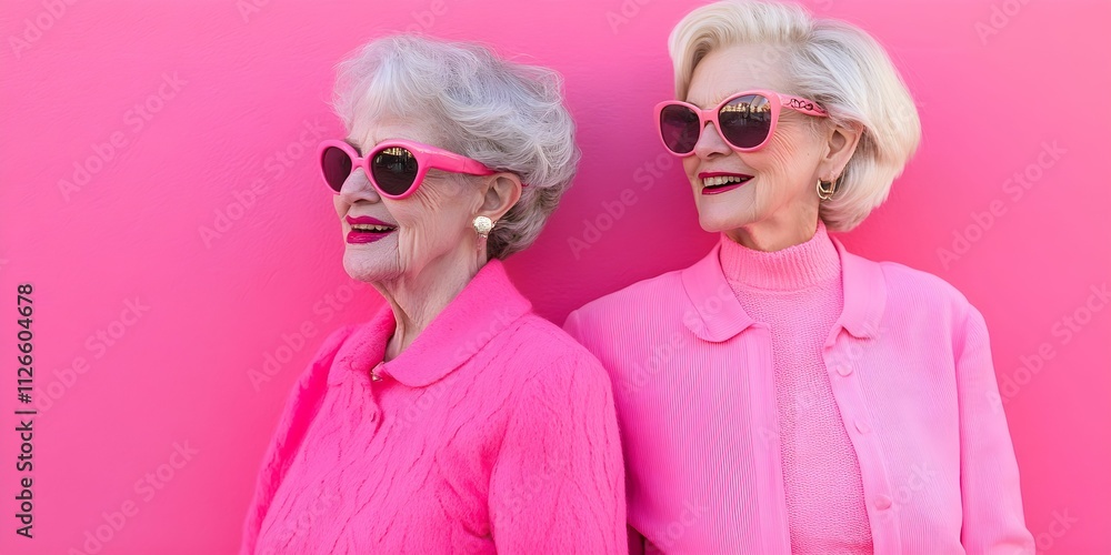 Two elderly women in stylish pink outfits and sunglasses pose against a bright pink background Two elderly women in stylish pink outfits and sunglasses pose against a bright pink background