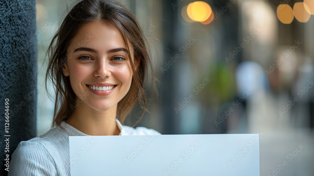 Smiling Woman Holding Blank Sign City Background Advertisement Mockup Smiling Woman Holding Blank Sign City Background Advertisement Mockup