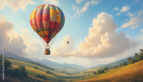 wallpapers A vibrant display of hot air balloons soaring over a lush green valley. Beautiful clouds and rolling hills create a serene backdrop. AI generated.
