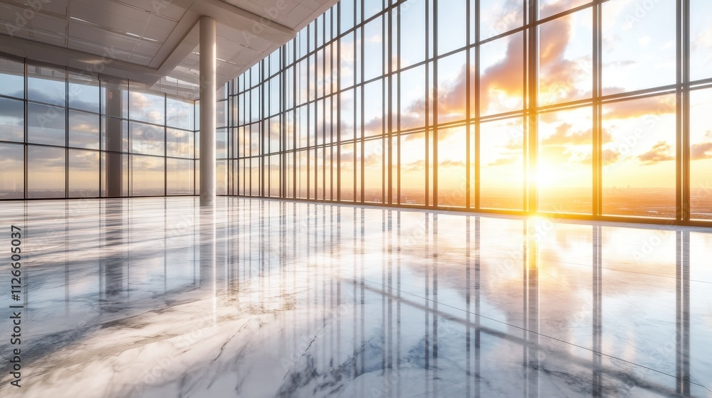 Serene Sunset Reflection in Modern Glass Atrium Serene Sunset Reflection in Modern Glass Atrium