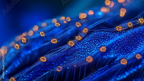 This image depicts numerous optical fibers bundled together with tiny lights illuminating their distal ends. The backdrop of the image is a vivid blue hue.  photo