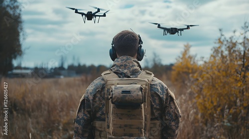 Soldier monitors drones in outdoor terrain during military exercise