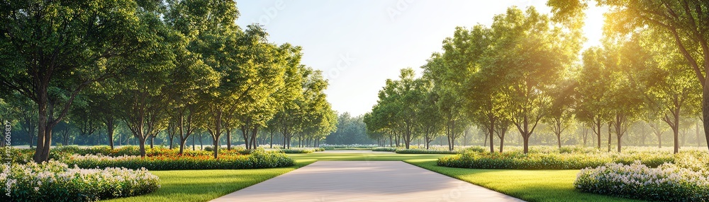 Scenic pathway lined with trees and flowers, natural light streaming through foliage Scenic pathway lined with trees and flowers, natural light streaming through foliage