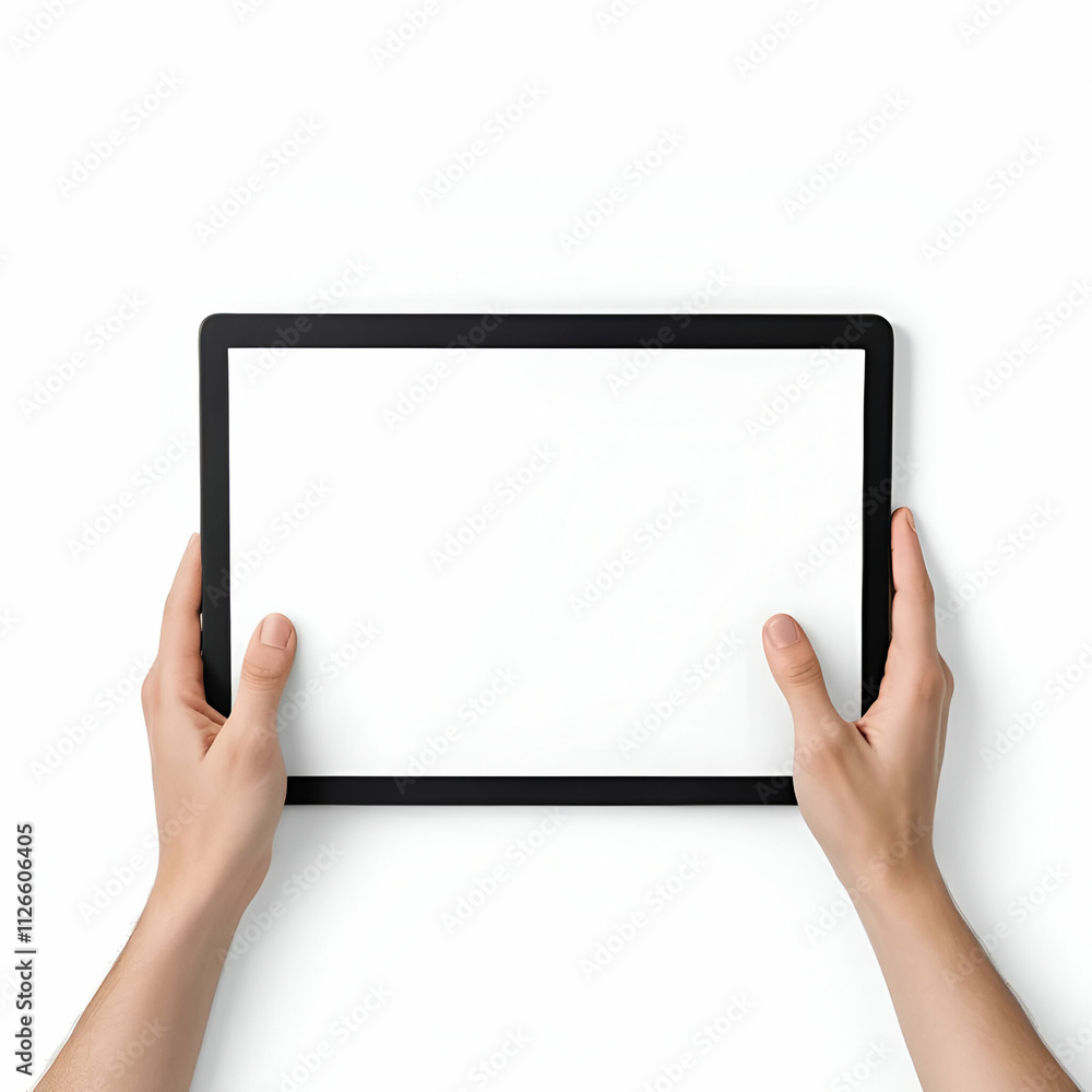 Hands holding white screen, black tablet, isolated on white background. Hands holding white screen, black tablet, isolated on white background.