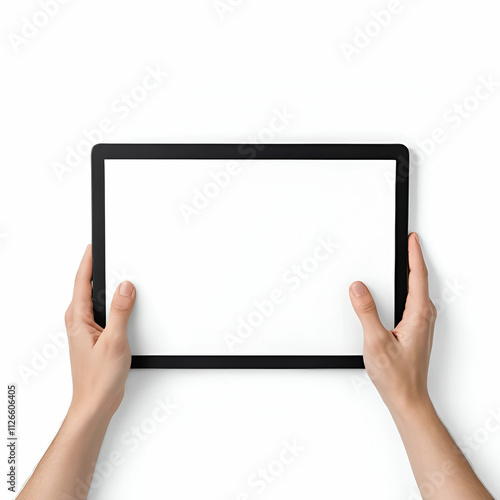 Hands holding white screen, black tablet, isolated on white background.