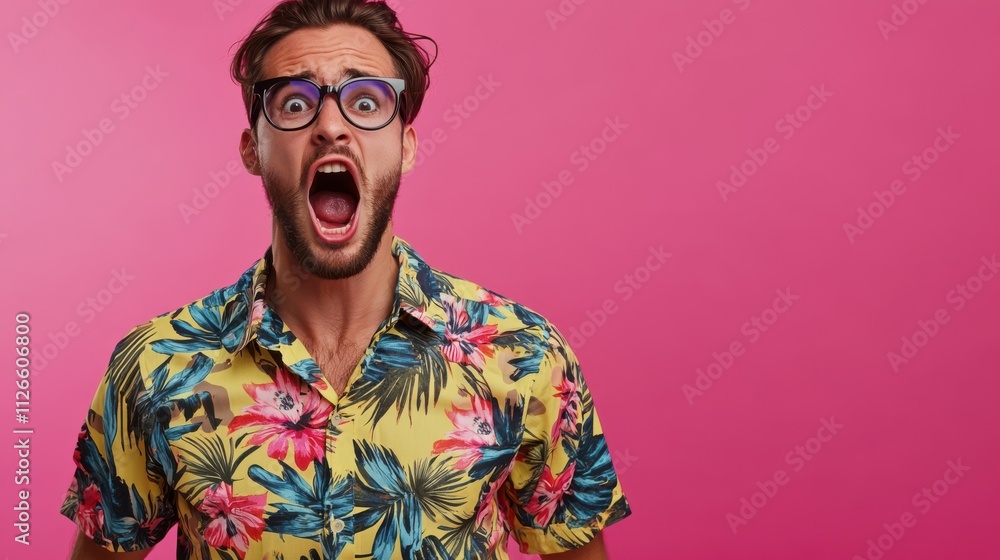 Photo portrait of pretty young male scream angry empty space wear trendy tropical print outfit isolated on pink color background Photo portrait of pretty young male scream angry empty space wear trendy tropical print outfit isolated on pink color background