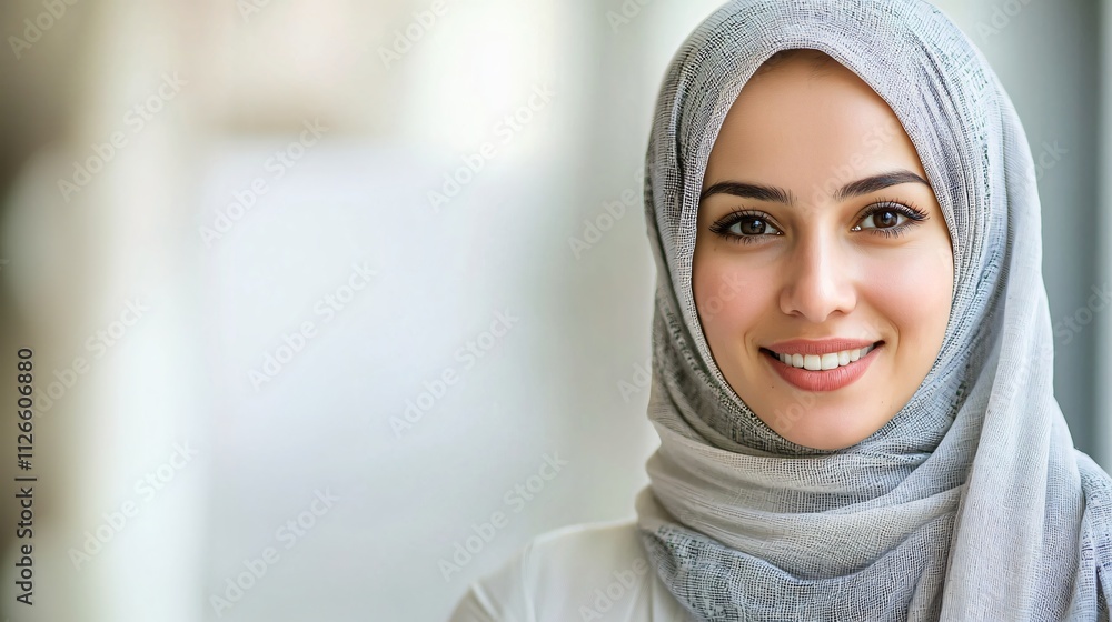 Smiling Muslim Woman in Grey Hijab Portrait Headshot Smiling Muslim Woman in Grey Hijab Portrait Headshot