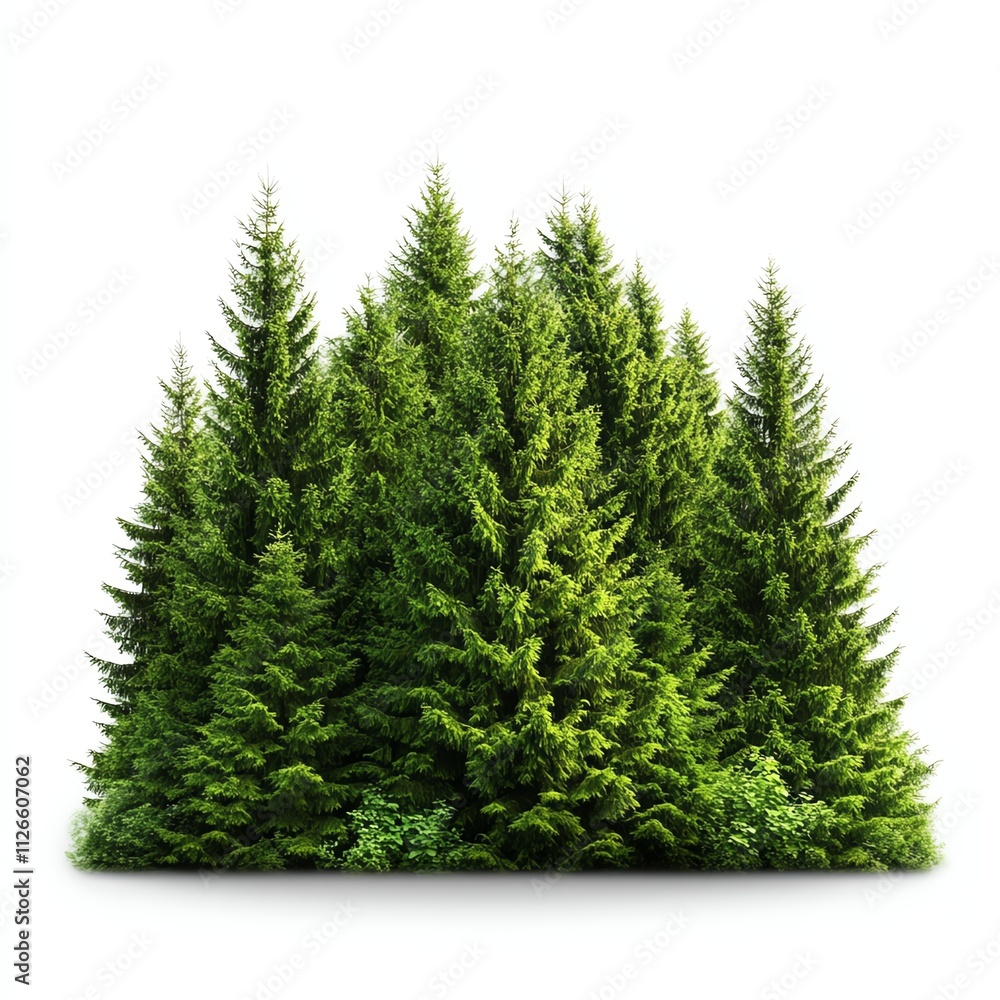 Dense green pine trees on a white isolate background. Dense green pine trees on a white isolate background.