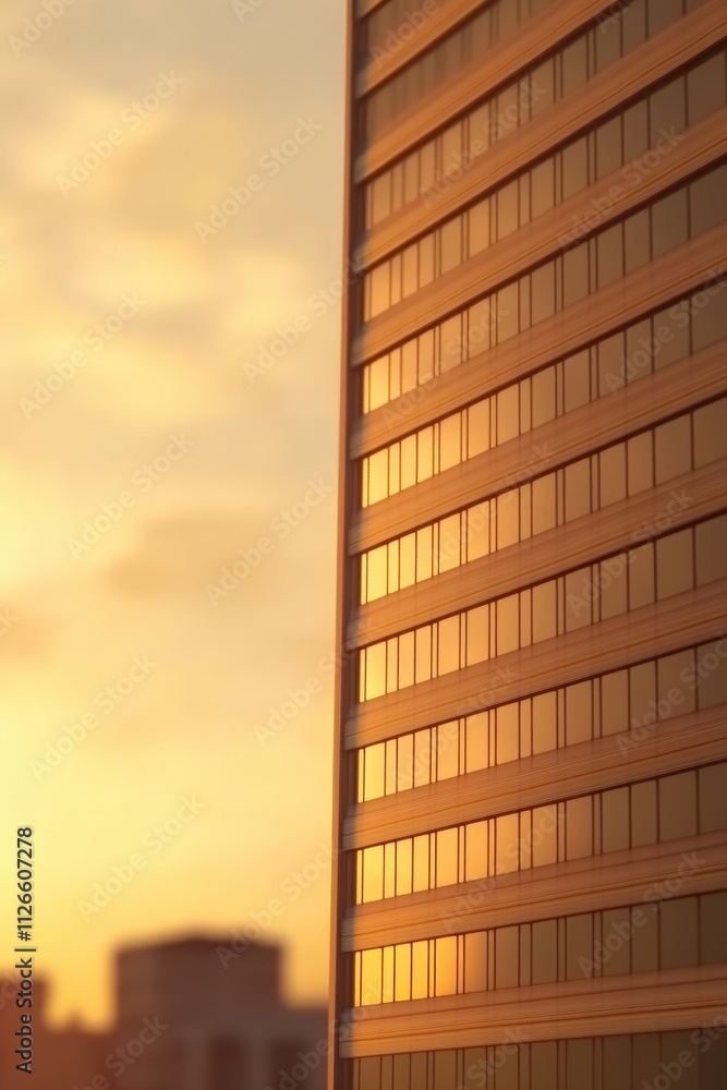 Fototapeta premium Warm Sunset Reflections on Modern Glass Building Facade