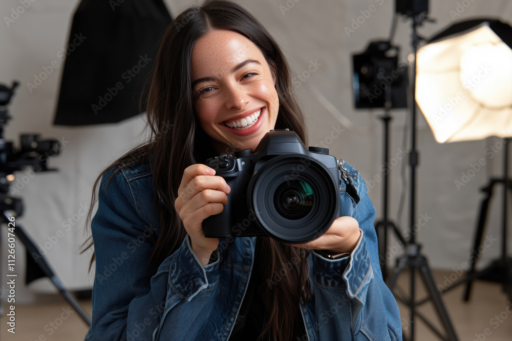 Beautiful woman photographer with professional camera Beautiful woman photographer with professional camera