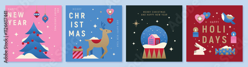 A set of seasonal cards with geometric motifs of snow, trees, and festive elements. Perfect for holiday decorations or digital greetings. Christmas and New Year vector cards.