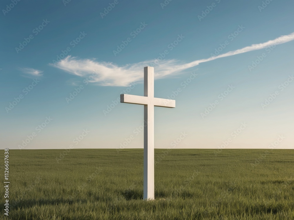 White wooden cross on open field with blue sky white clouds in background. White wooden cross on open field with blue sky white clouds in background.