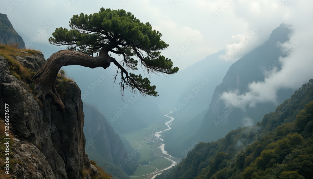 Fototapeta premium wallpapers A stunning view of a lone tree perched on a cliff, overlooking a winding river through green valleys and misty mountains, creating a tranquil atmosphere. AI generated.