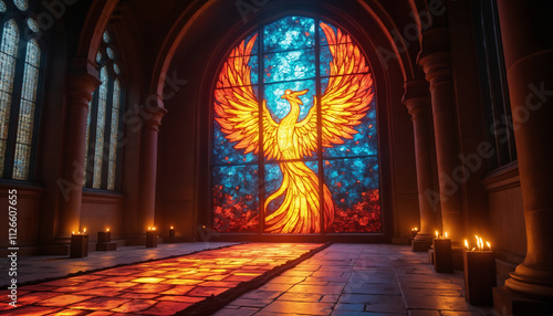 wallpapers A stunning depiction of a phoenix in stained glass, illuminating a serene gothic cathedral. The vibrant colors and warm candlelight create a mystical ambiance. AI generated.