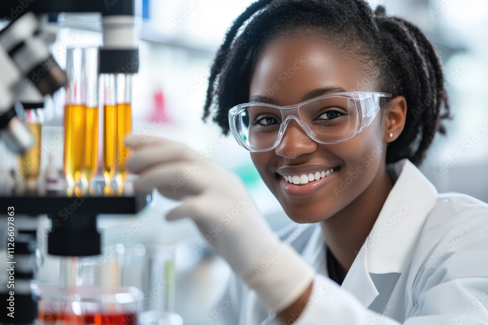 Portrait of female scientist in white lab coat. Portrait of female scientist in white lab coat.