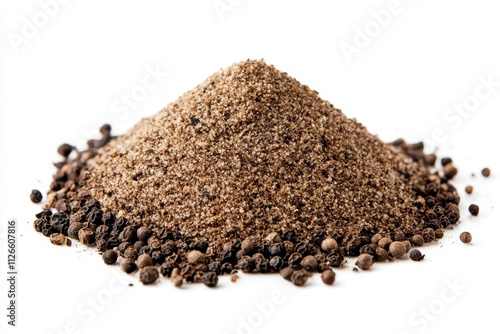 Ground black pepper and whole peppercorns arranged on a white background displaying texture and color