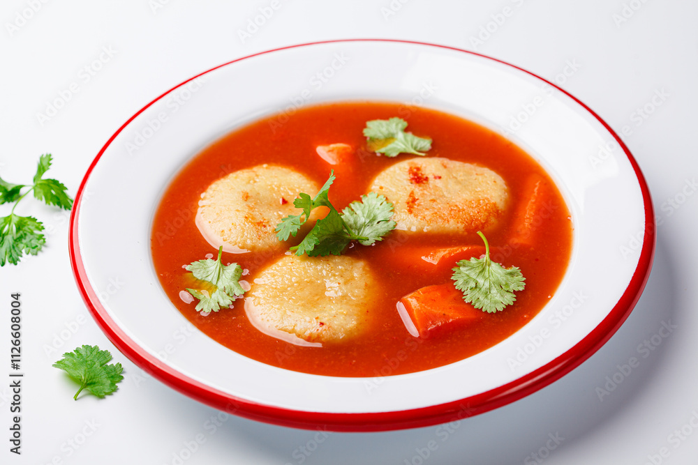 Traditional Jewish tomato soup with matza balls, white background. Traditional Jewish tomato soup with matza balls, white background.