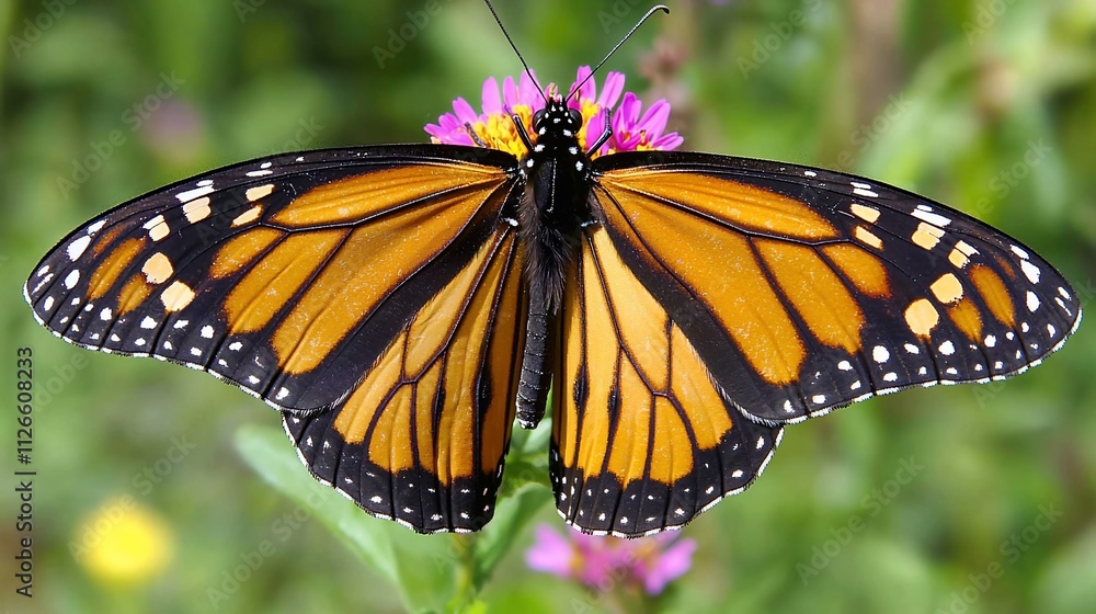 Fototapeta premium Monarch butterfly perched on a pink flower.