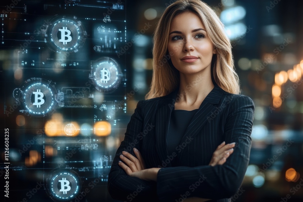 Confident Businesswoman with Bitcoin Cryptocurrency Interface Confident Businesswoman with Bitcoin Cryptocurrency Interface