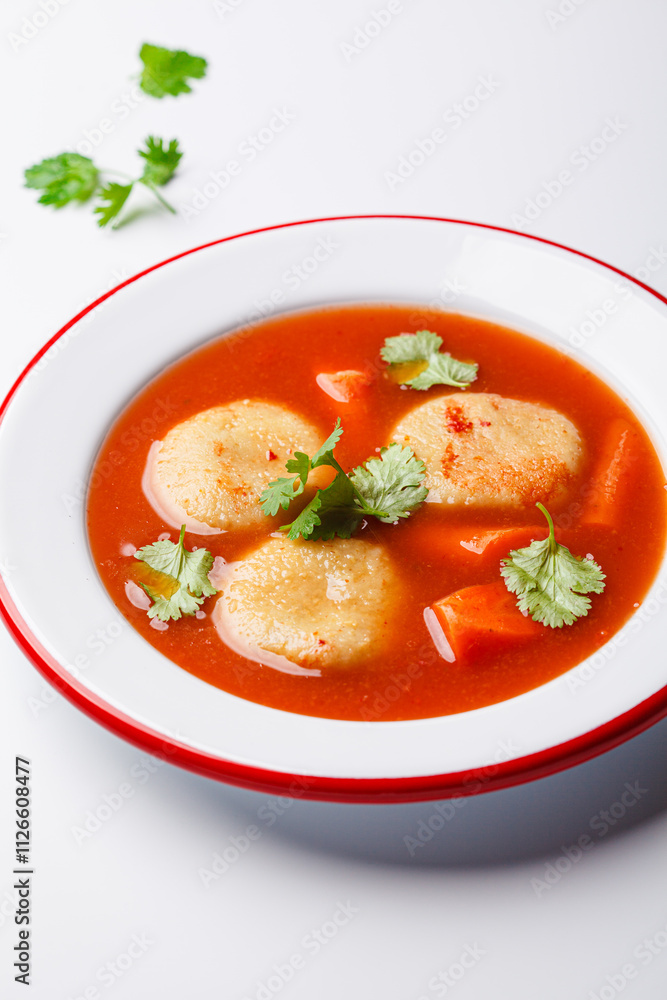 Traditional Jewish tomato soup with matza balls, white background. Traditional Jewish tomato soup with matza balls, white background.
