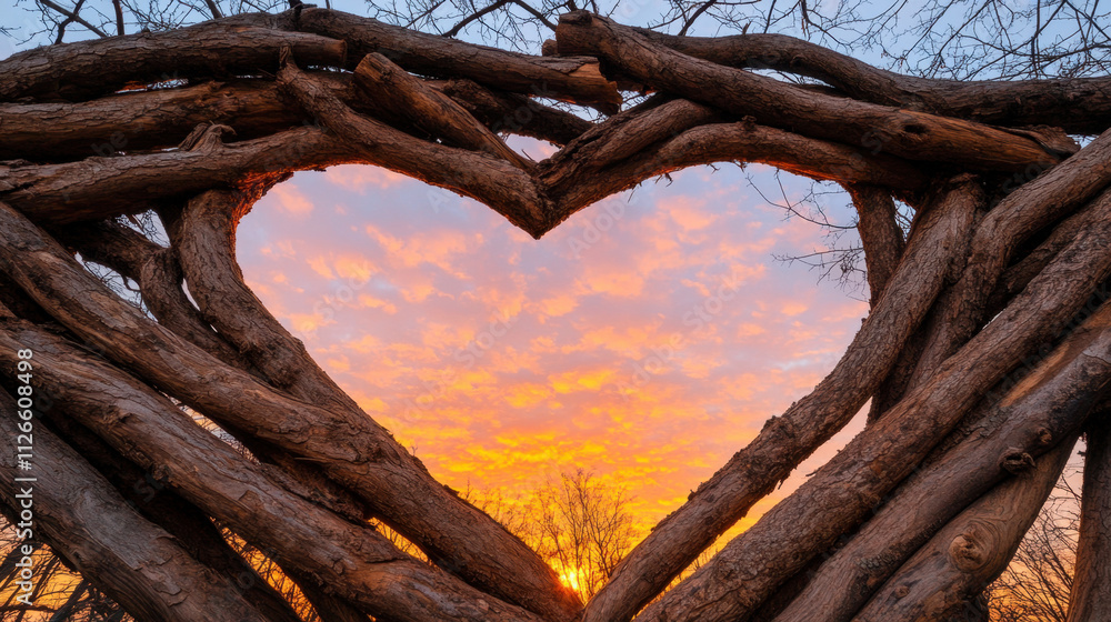 A heart-shaped frame of intertwined logs beautifully showcases a sunset, creating a romantic and serene outdoor scene. A heart-shaped frame of intertwined logs beautifully showcases a sunset, creating a romantic and serene outdoor scene.