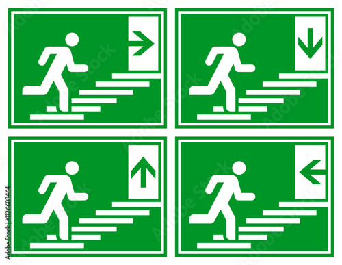 Man running up stairs and exit door sign set. Exit way icons. Emergency exit. Safety symbols.