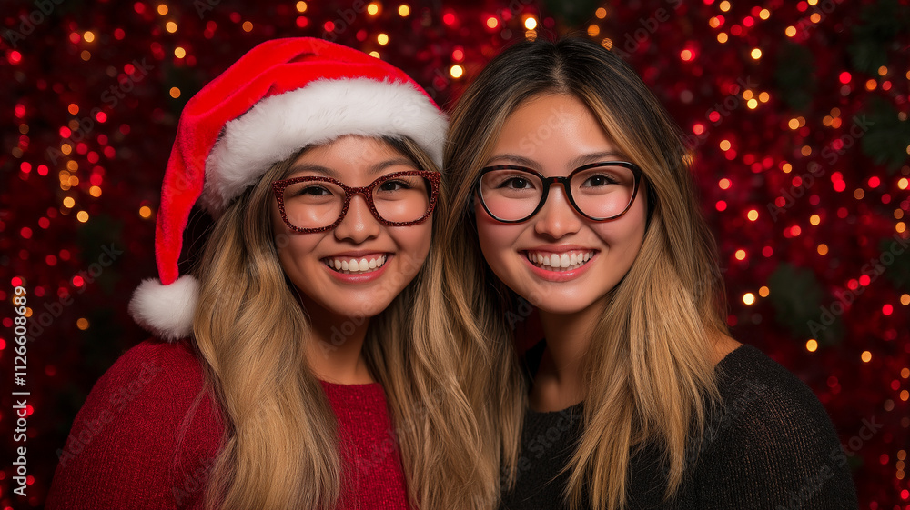 Two women wearing glasses and santa hats are smiling for the camera Two women wearing glasses and santa hats are smiling for the camera