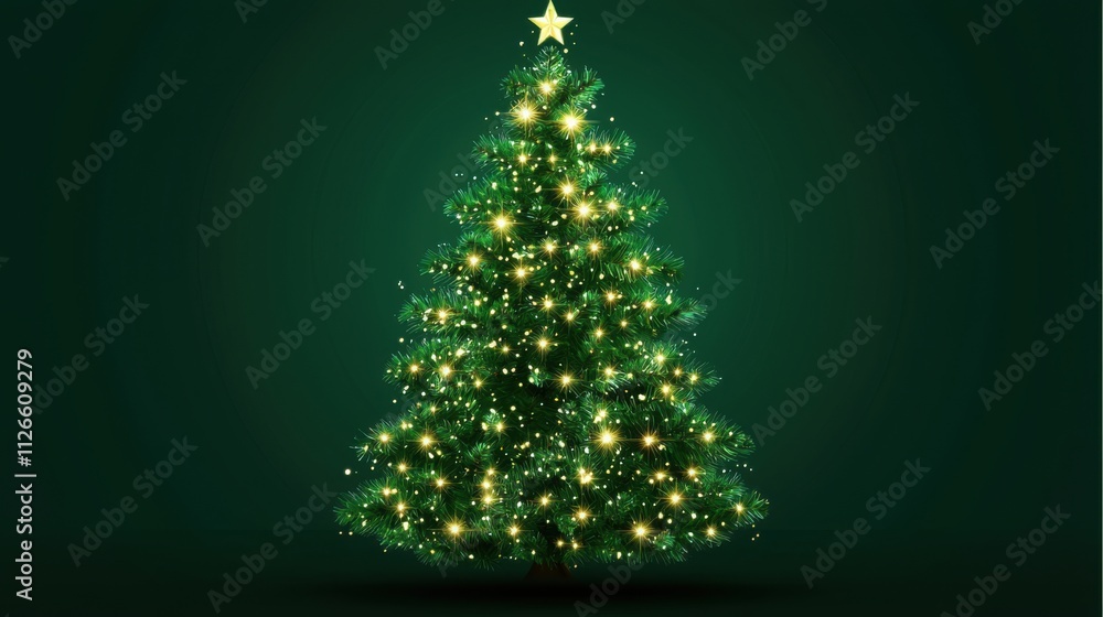 Decorated with lights Christmas tree on dark green background. Merry Christmas and Happy Holidays greeting card, frame, banner. New Year. Noel. Winter holiday theme. Decorated with lights Christmas tree on dark green background. Merry Christmas and Happy Holidays greeting card, frame, banner. New Year. Noel. Winter holiday theme.