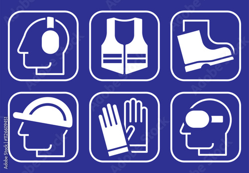 Safety signs - must be worn symbols, wear hearing protection, wear helmet, wear safety shoes, wear gloves, wear protective vest and wear safety glasses. Mandatory safety icons
