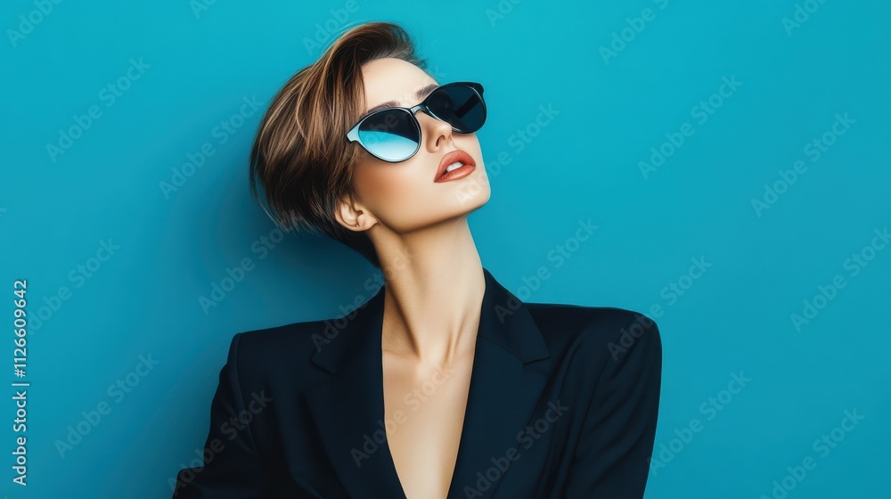 portrait of Beautiful woman with short hair and sunglasses. beauty sexy girl in oversize suit portrait of Beautiful woman with short hair and sunglasses. beauty sexy girl in oversize suit