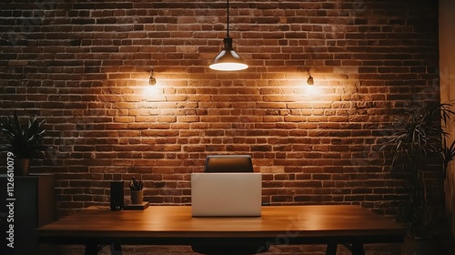 Minimalistic Podcast Room with Brick Wall Backdrop photo