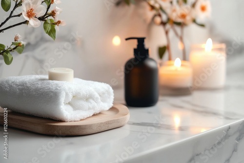 Relaxing bathroom scene with natural beauty products modern home aesthetic arrangement candlelit environment close-up viewpoint for ads focused on nature and serenity