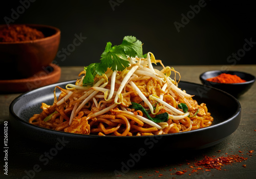 Aromatic and flavorful Malaysian fried noodles topped with fresh herbs and beansprouts photo