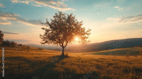 A serene landscape with a lone apple tree in a field, bathed in golden sunlight during sunset.