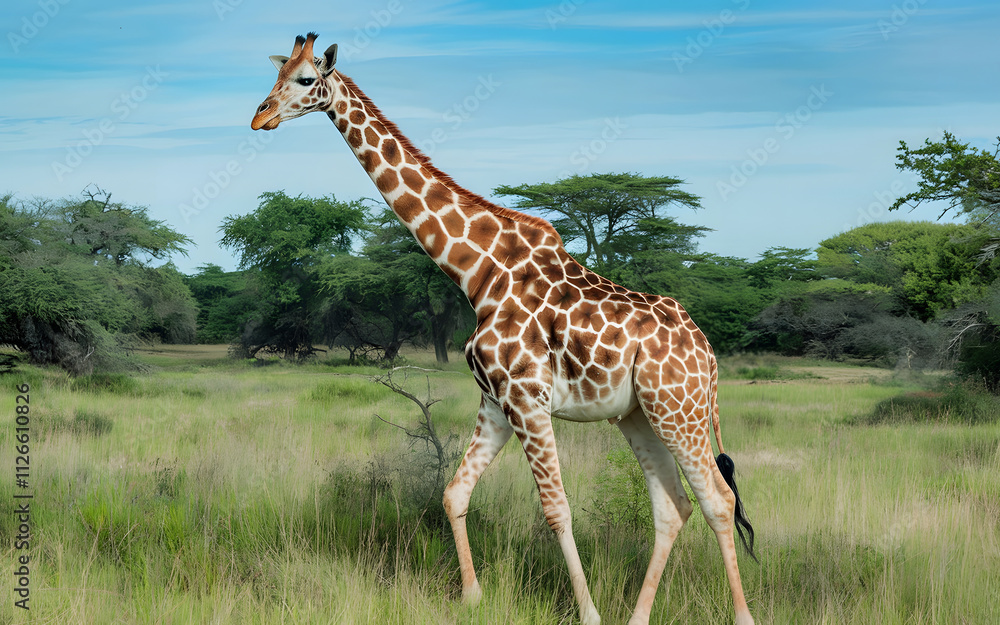 Obraz premium Beautiful giraffe in the green field with blue sky 
