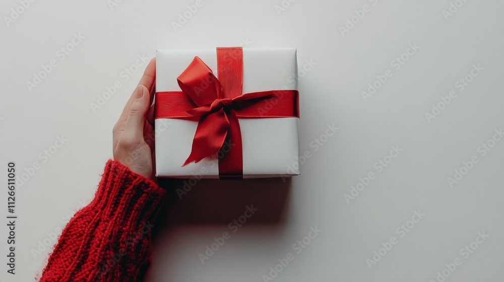 gift box with red ribbon in hand on a white background gift box with red ribbon in hand on a white background