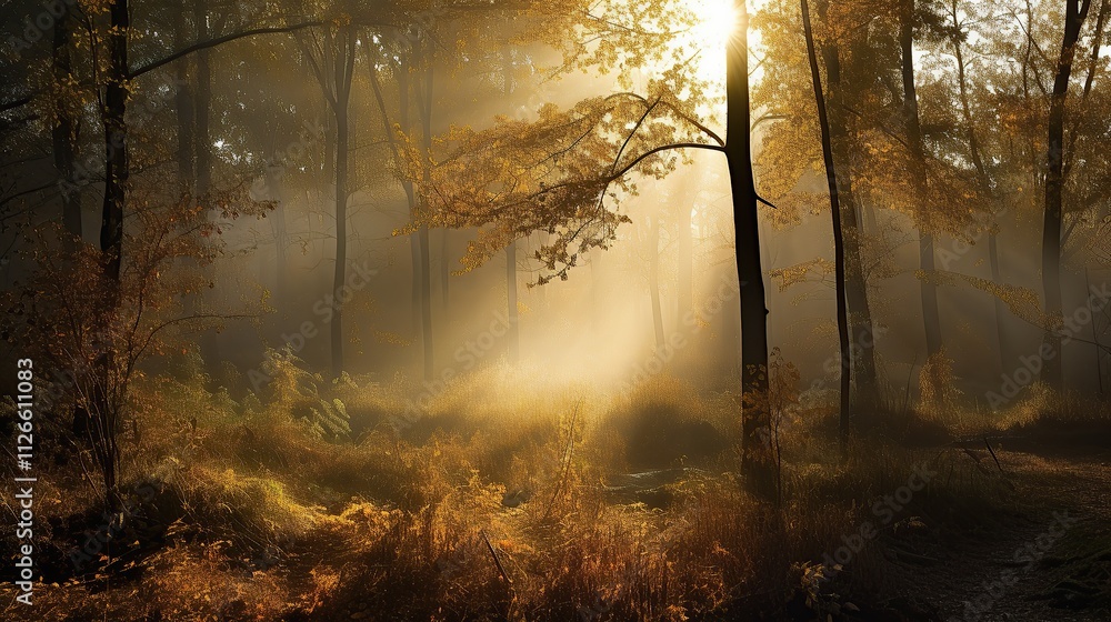 Golden Sunlight Beams Through Autumn Forest Mist Golden Sunlight Beams Through Autumn Forest Mist