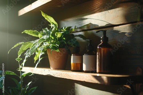 Rustic cabin interior displaying nature-inspired beauty products cozy living space natural light capturing serenity and tranquility in an organic environment for ads photo