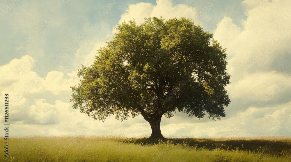 An oak tree in full leaf during summer, standing solitary. An oak tree in full leaf during summer, standing solitary.