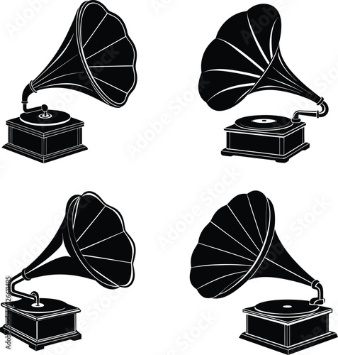 A bundle of 3d render of antique gramophone silhouette illustration