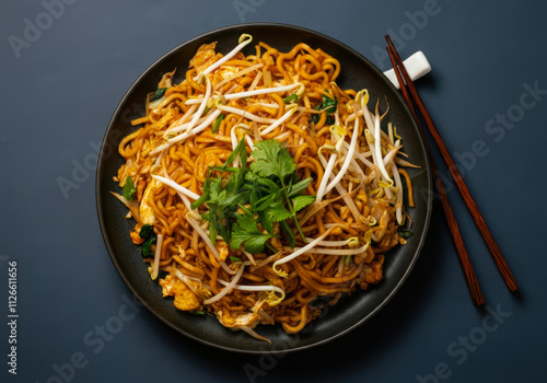 Tantalizing Malaysian fried noodles with aromatic herbs and fresh beansprouts photo