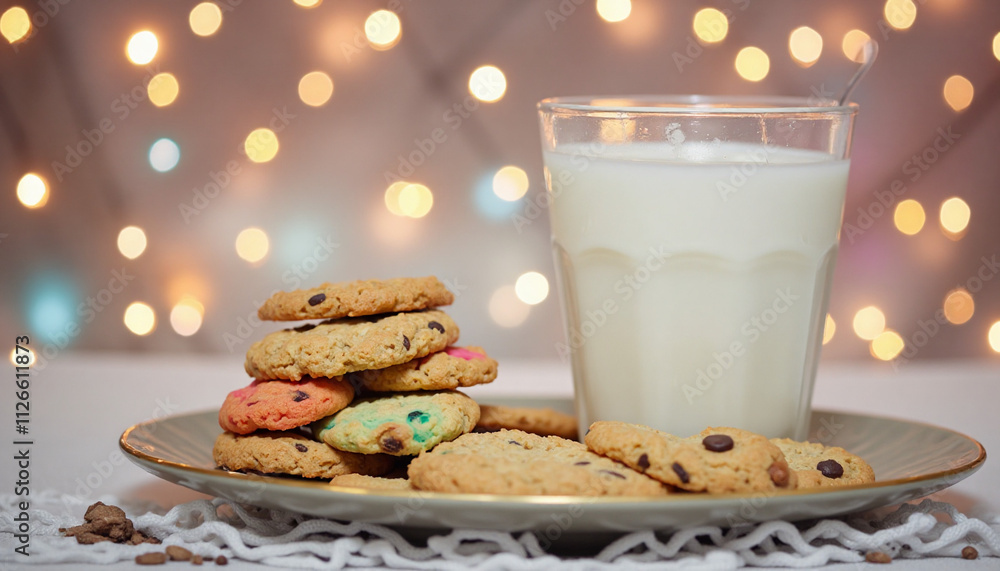 Glass of Milk and Colorful Cookies with Festive Bokeh Background Glass of Milk and Colorful Cookies with Festive Bokeh Background
