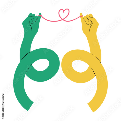 Long funky and twisted hands sharing a string with a heart, concept of love, promise and  attachment. Isolated on white vector illustration