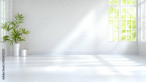 Clear out a room in your house or apartment after renovations. The interior features large windows, freshly painted white walls, a paint can, a step ladder, and protective plastic on the floor.